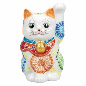 【九谷燒】招財貓 白盛花　※九谷燒ひわ盛技法