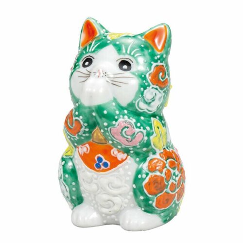 【九谷燒】祈福貓 緑盛　※九谷燒ひわ盛技法